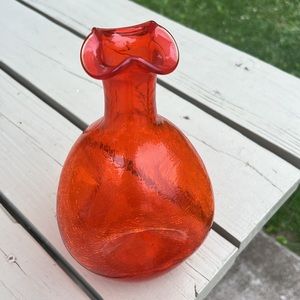 Antique mid century beautiful orange cracked glass vase, awesome shape